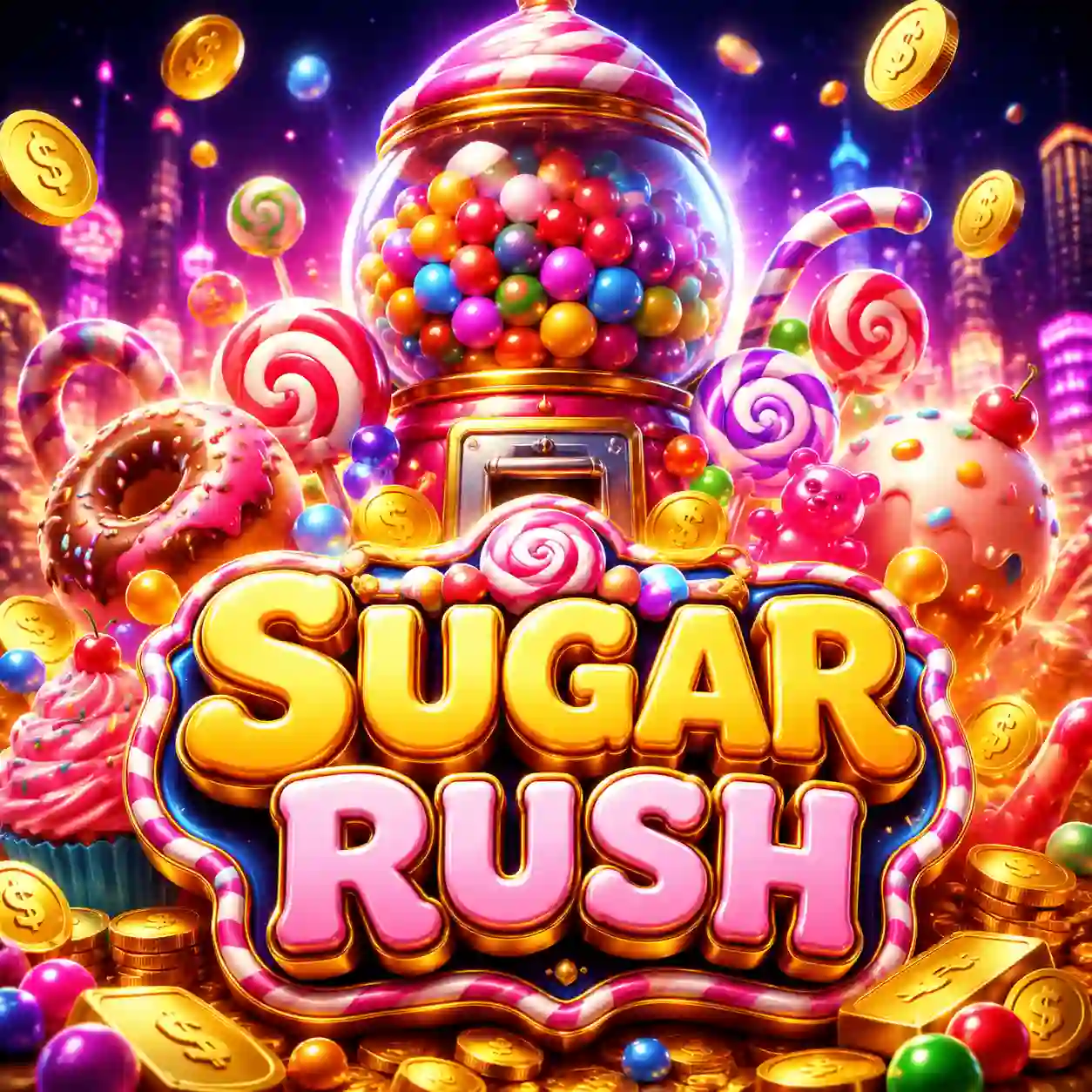 Capa do slot Sugar Rush com gelatinas e balas de açúcar